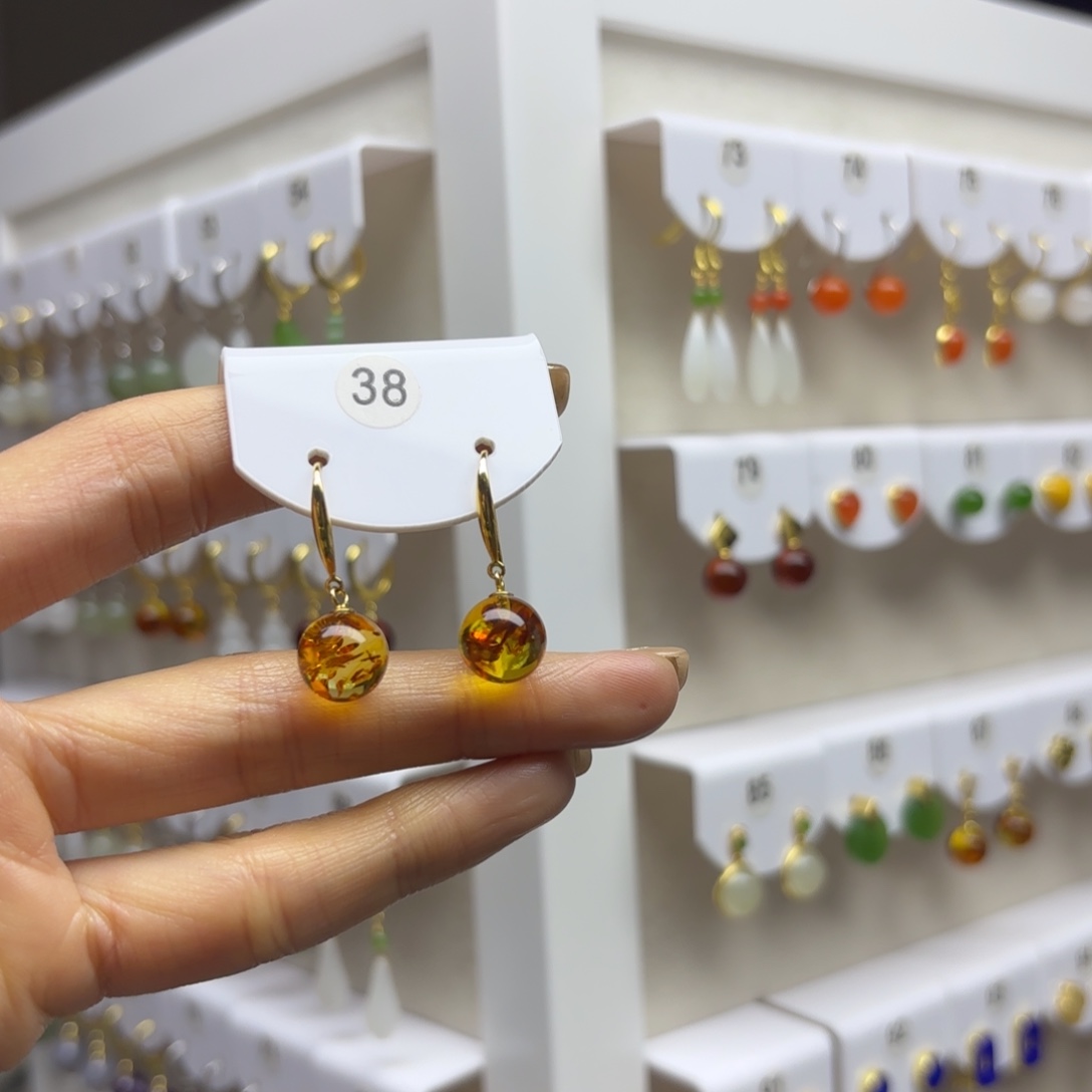 琥珀（花珀）银S925镶嵌耳饰