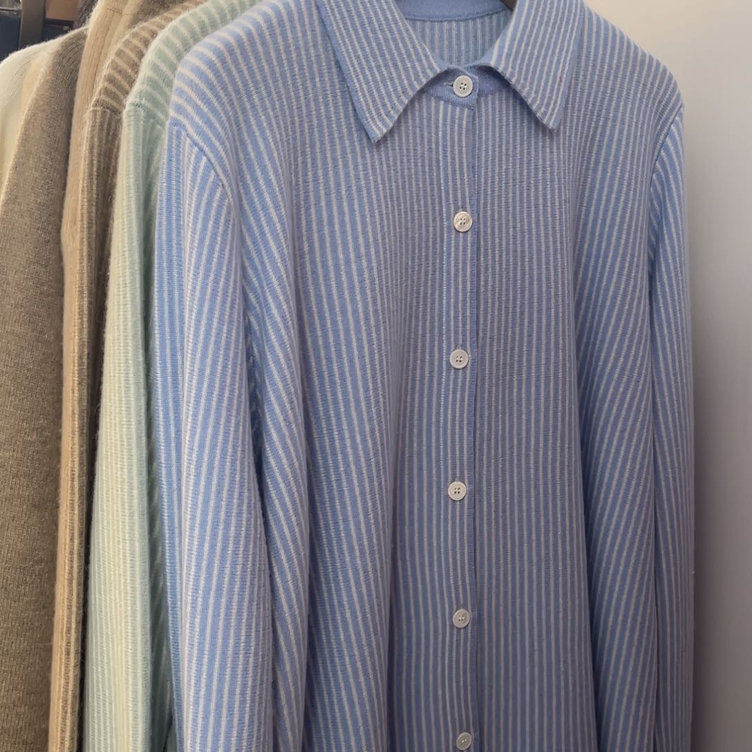 蓝条纹 衬衣款 羊绒 开衫