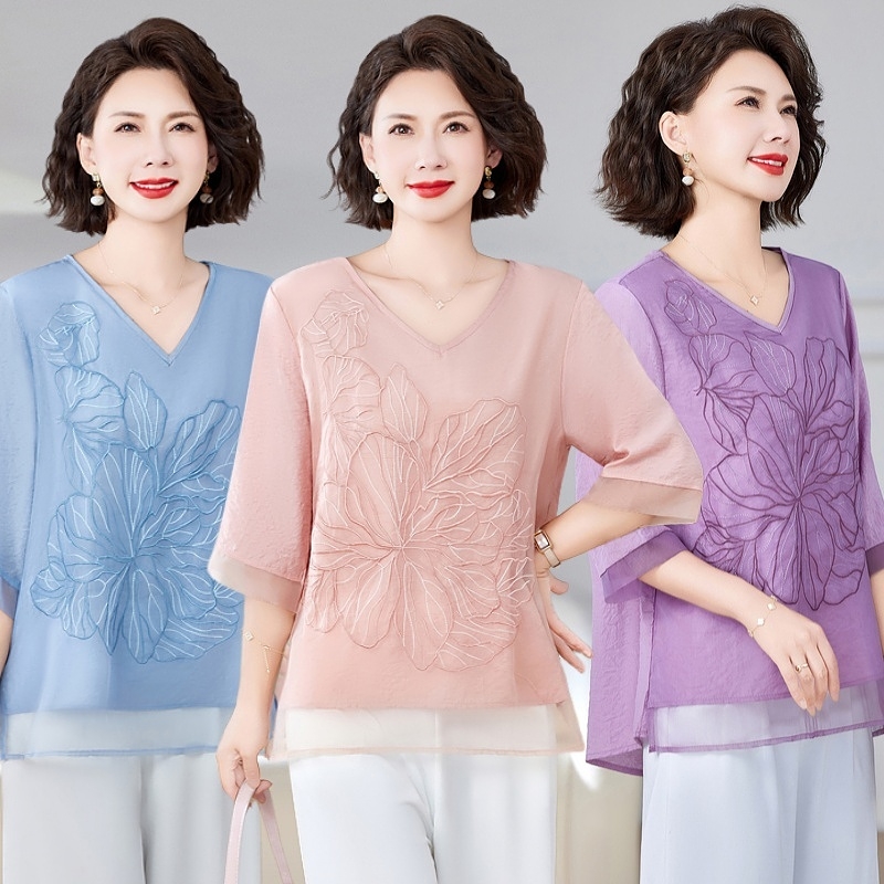 8977中老年女大码t恤小衫绣花透气凉爽妈妈夏装贵夫人洋气女上衣
