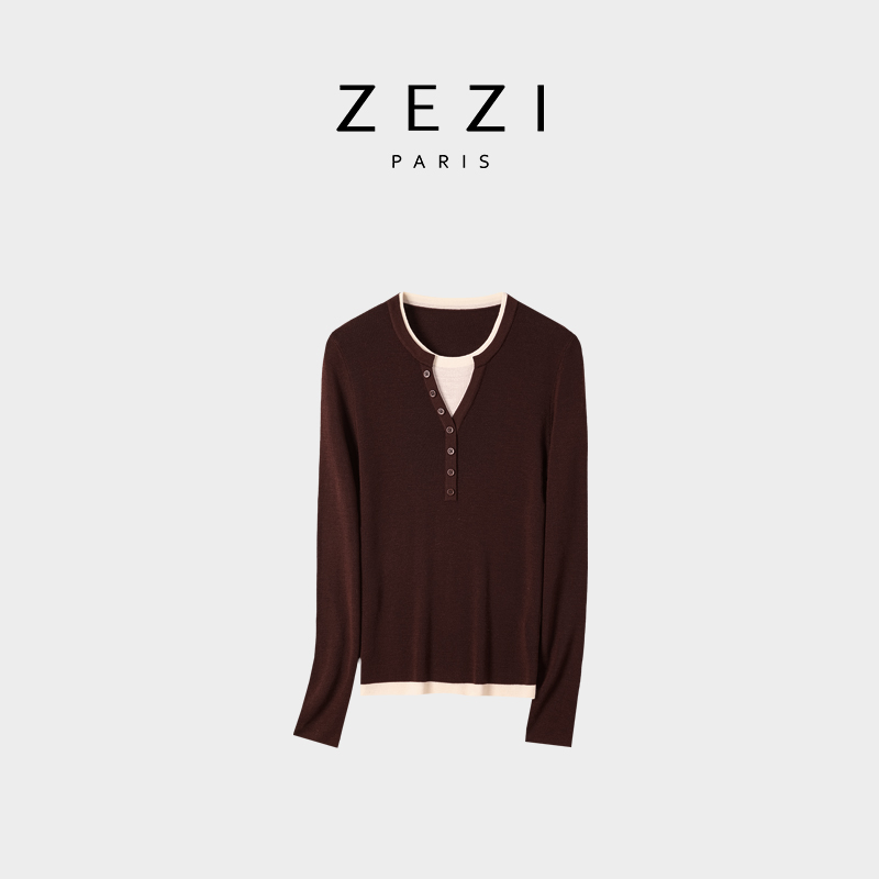 ZEZI【路飞专属】“知识分子”智性假两件100%绵羊毛套针织衫Z13C627Z