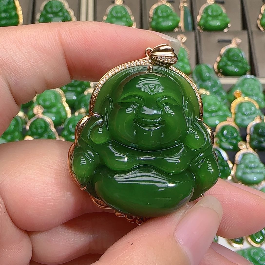 和田玉（碧玉）吊坠(不含链)18K金镶嵌