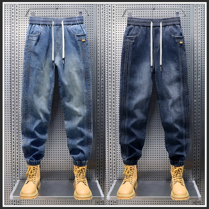 AOPAISHARK/奥派鲨秋冬男装牛仔裤潮流男抽绳韩版加厚裤子束脚裤
