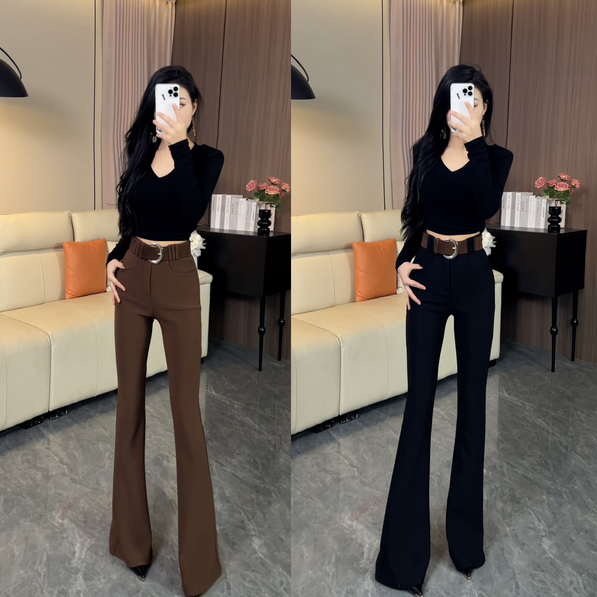 25年秋季新款简约时尚高腰通勤百搭显瘦修身喇叭裤k516（带腰带）