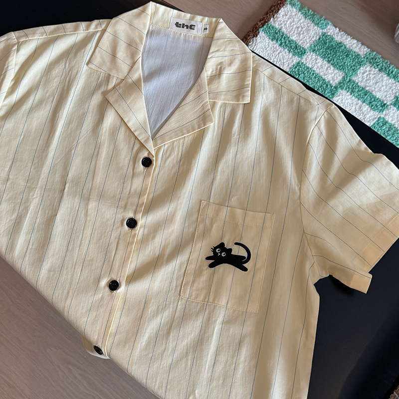 野家同款2025蓝色黄色条纹天丝睡衣情侣夏短袖短裤套装家居服