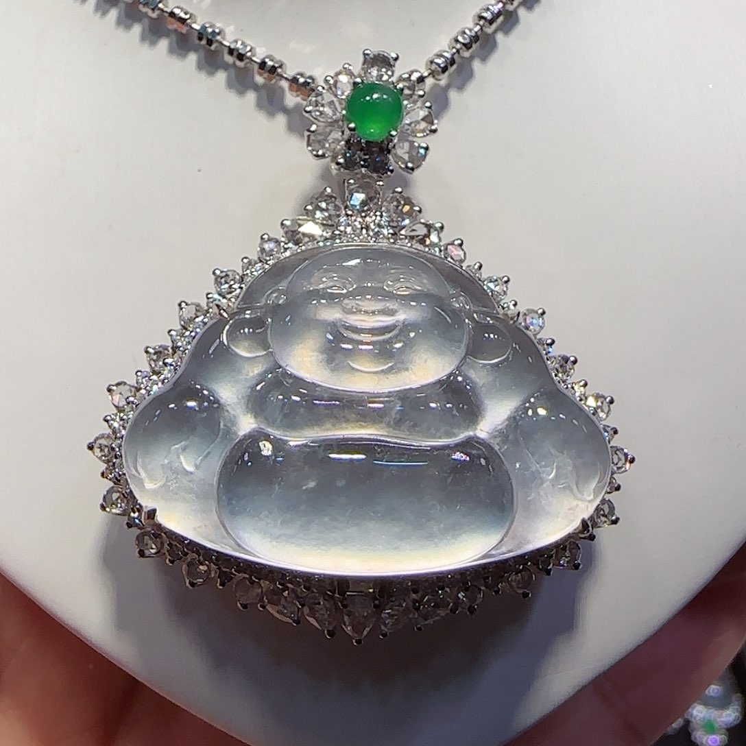 翡翠吊坠(不含链)18K金镶嵌佛公