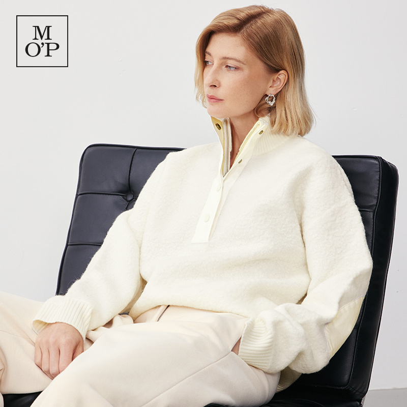 Marc O'Polo/MOP【欧若风】立领拼接美丽诺羊毛抓绒高领针织衫外套