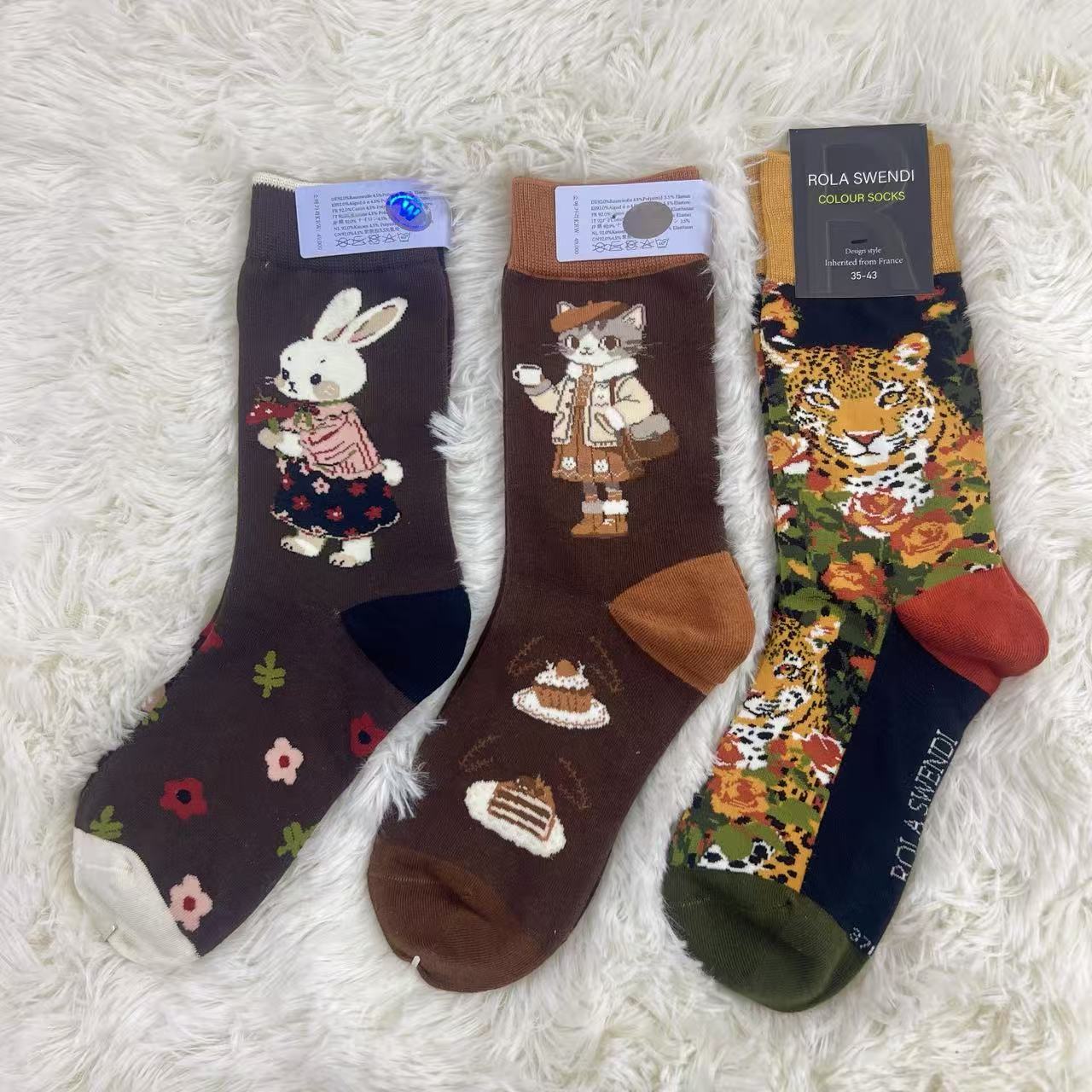 （福利三双）秋冬款棉袜透气卡通图案休闲运动风男女同款袜子80