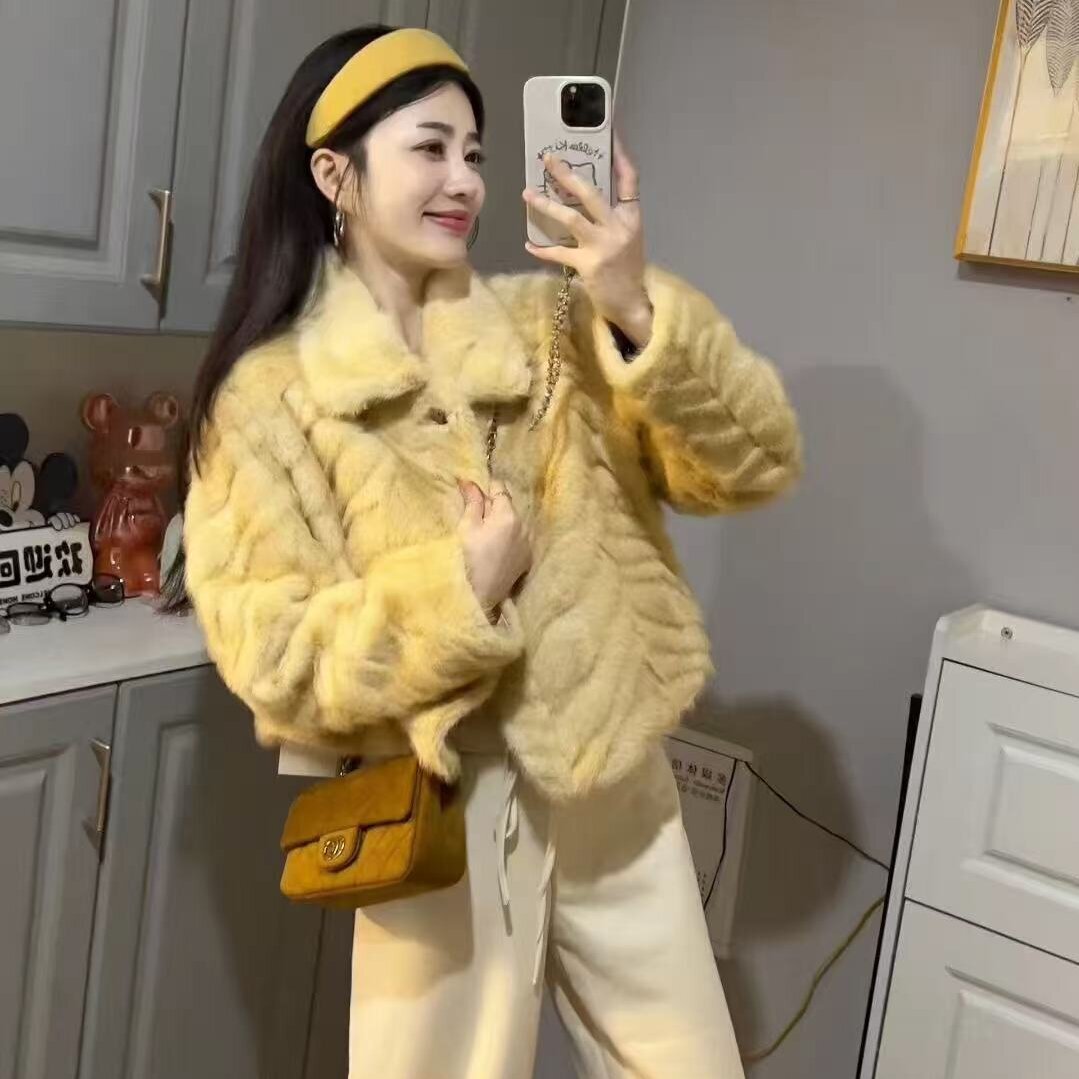 【韩系欧尼风】冬季金叶貂仿皮草环保毛毛短外套嫩黄色翻领保暖上衣