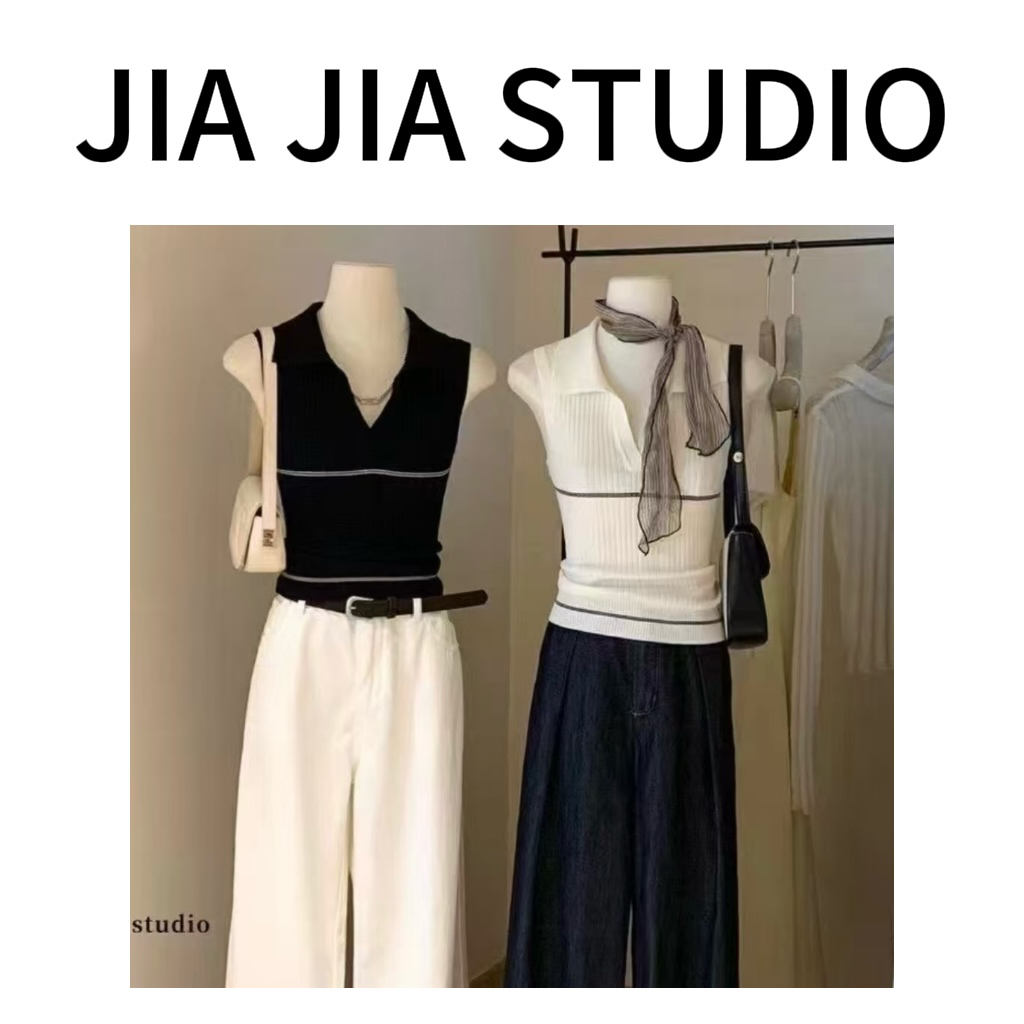 嘉嘉推荐#8808【夏季-冰丝】翻领针织条纹无袖上衣