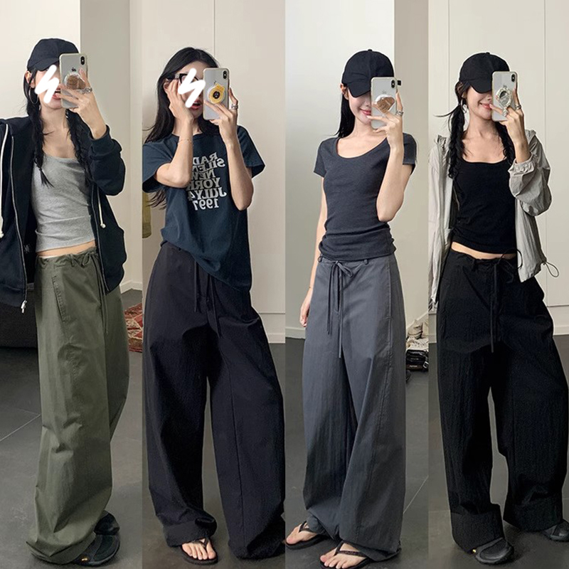 Miss sumey1161自制中低腰宽松抽绳阔腿工装裤辣妹运动休闲镰刀裤
