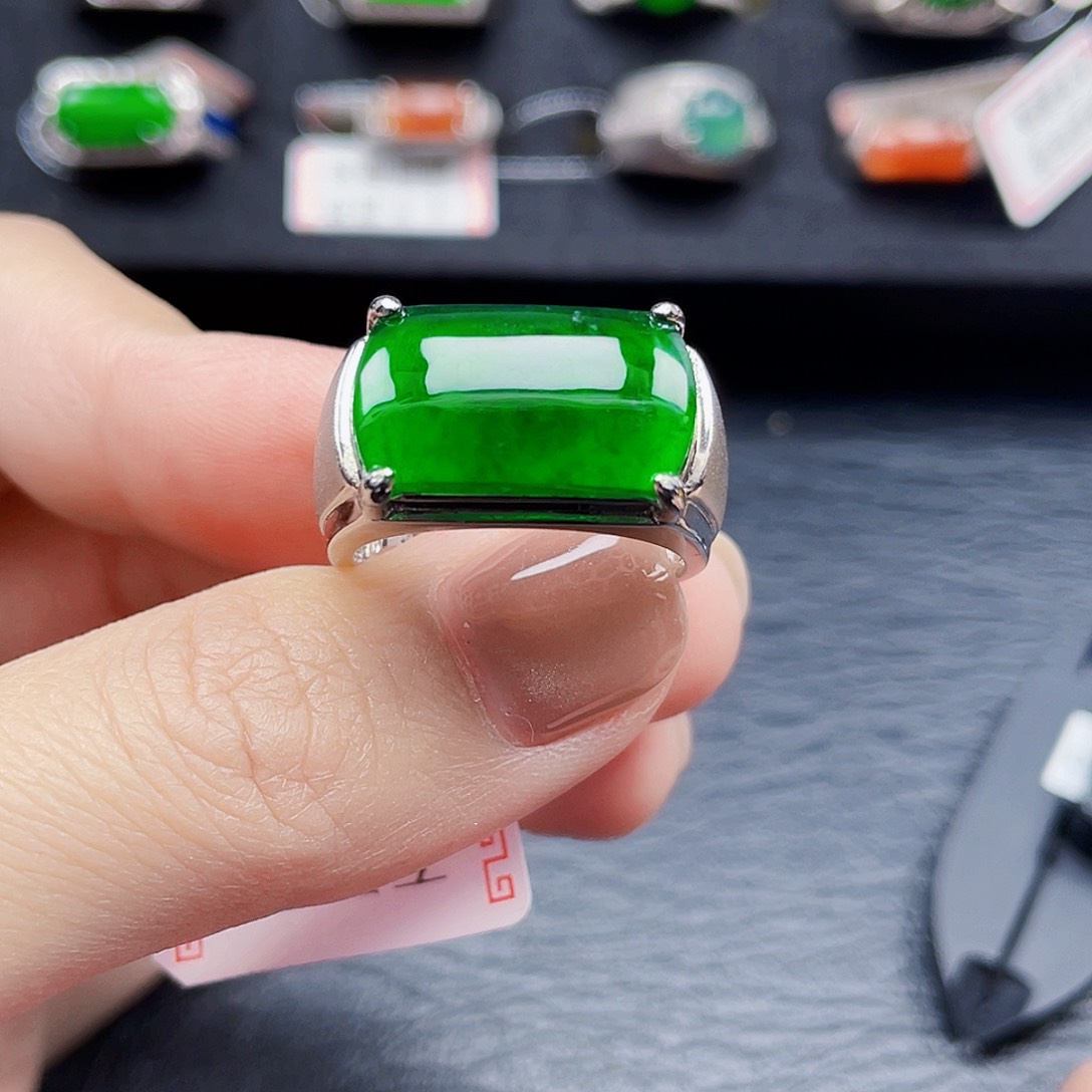 翡翠戒指银S925镶嵌天然a 货翡翠0022