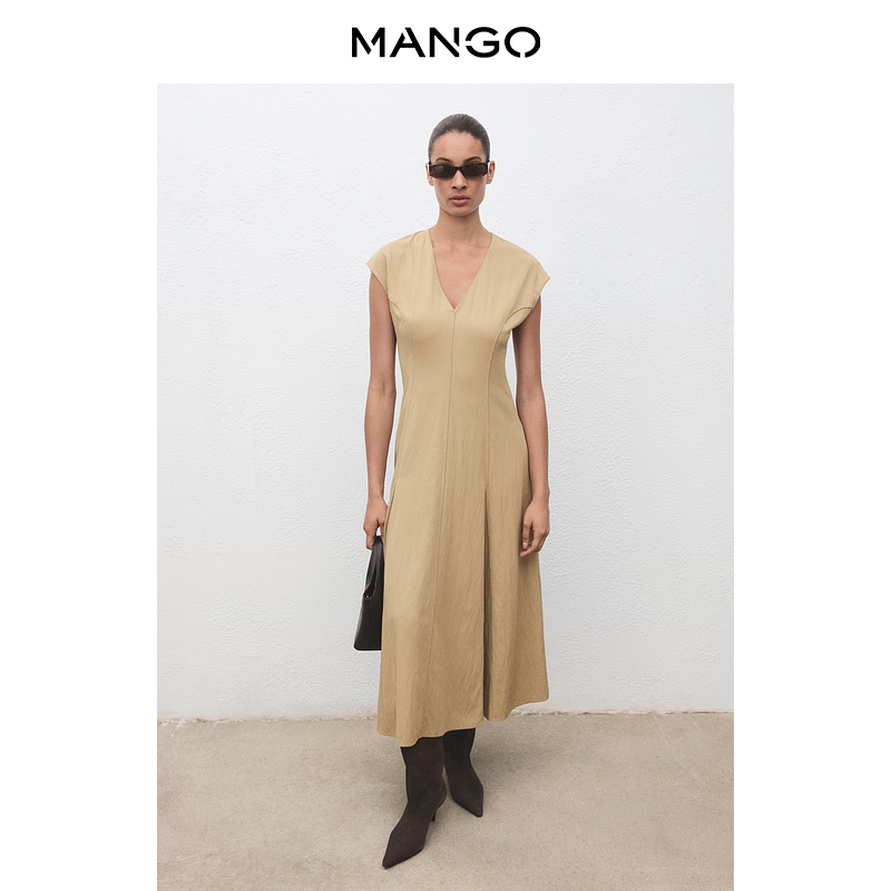 MANGO女装连衣裙2025秋装新款通勤气质显瘦v领车缝工艺掐腰连衣裙