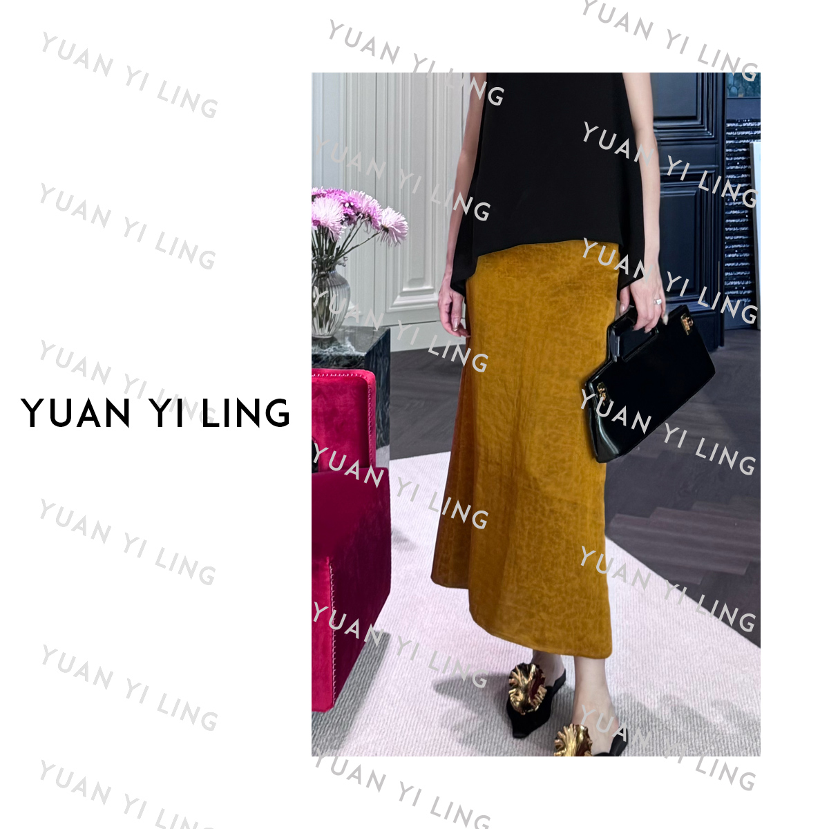 袁艺灵【中式老钱】25夏上新100%真丝经典缎面龟裂纹中古女装半身裙