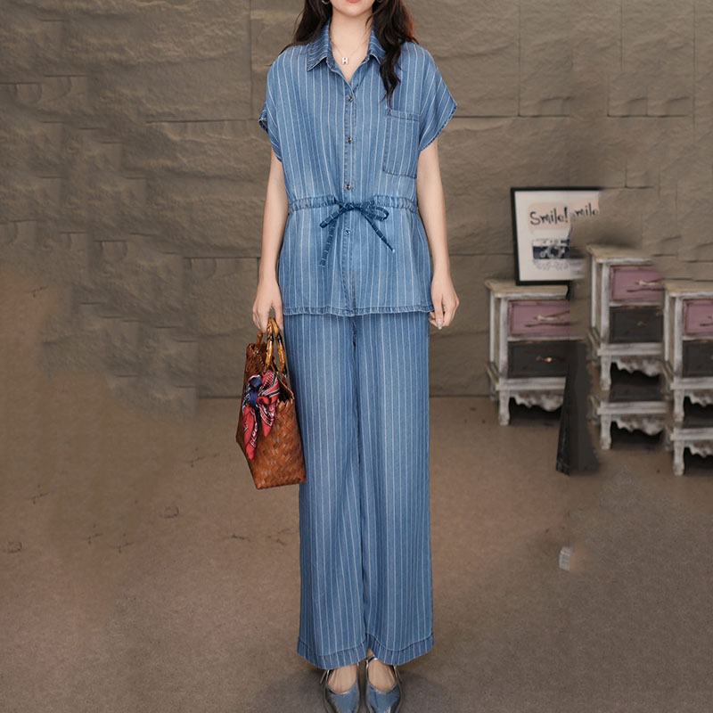 CK6161蓝套装2025夏季新款莱赛尔短袖衬衫裤子百搭上衣长裤