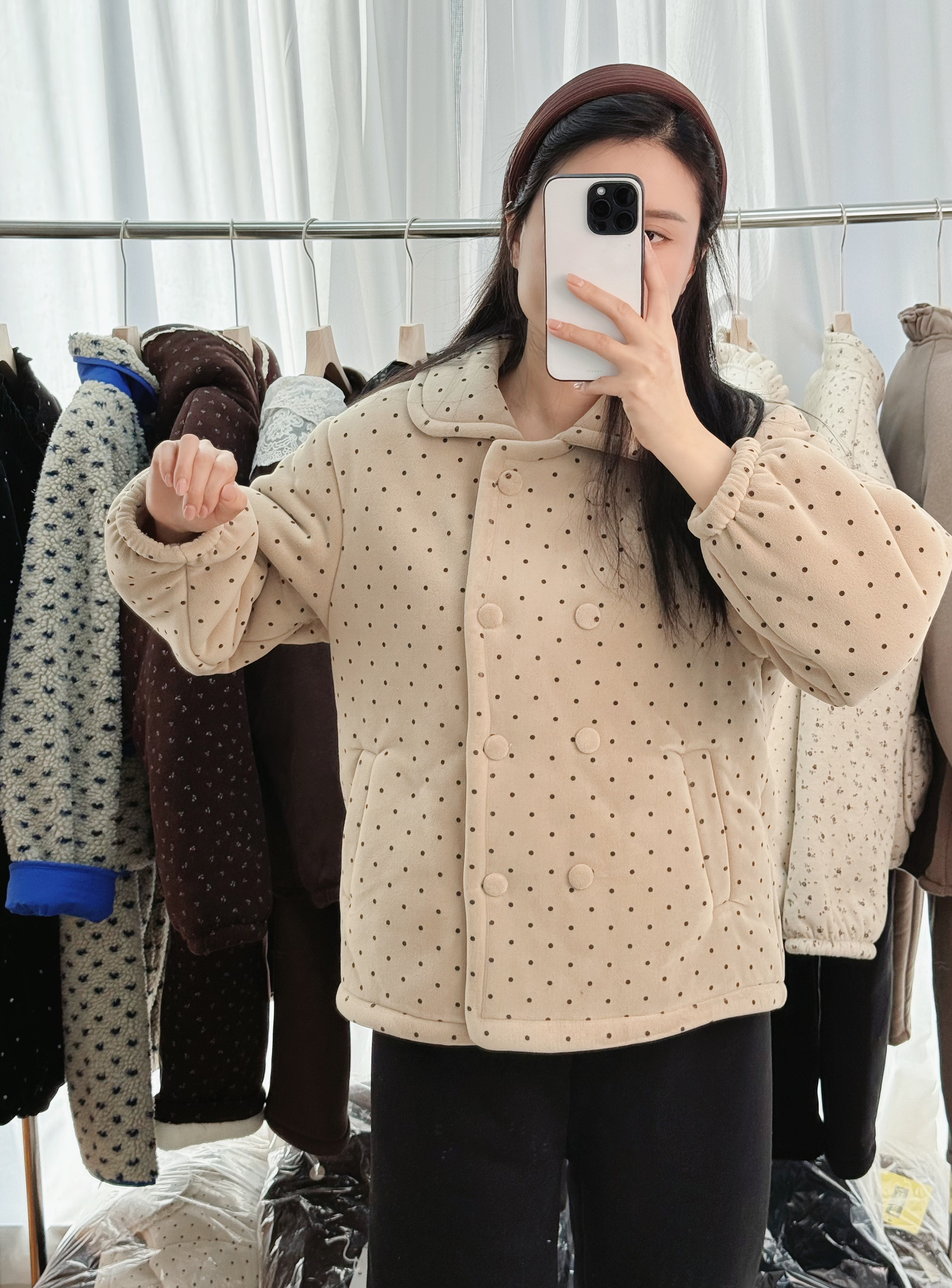 三层加厚翻领双扣波点外穿家居服