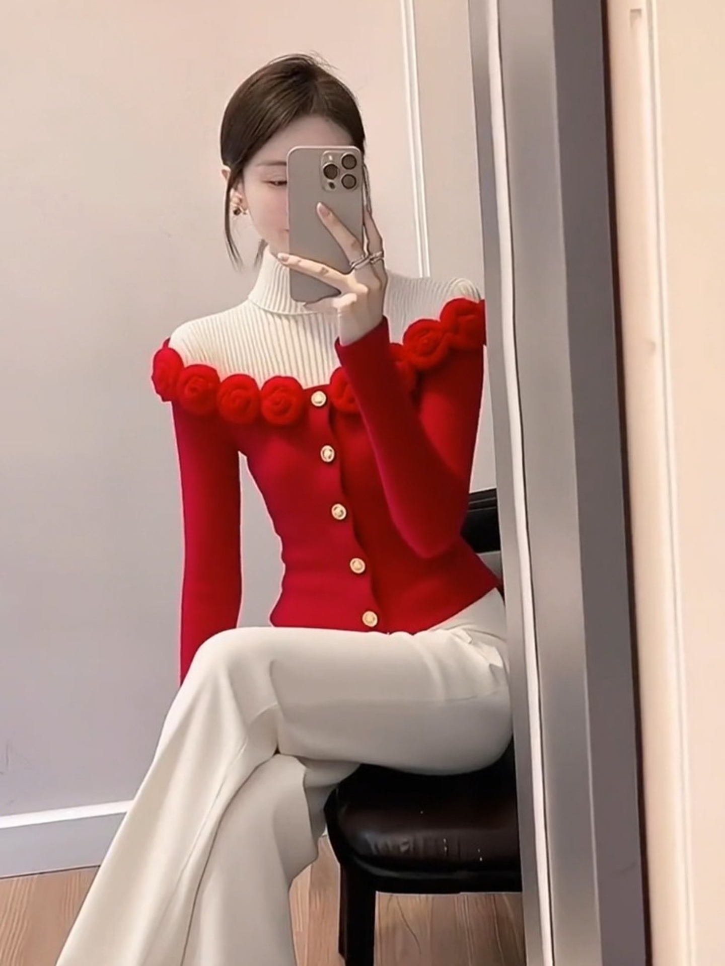 法式红色高领拼接立体花朵针织衫女2025秋冬新款气质修身显瘦毛衣