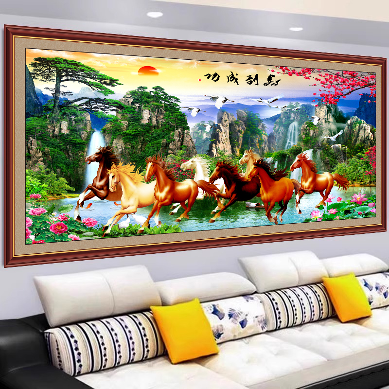 马到成功天马浴河山水画客厅办公室国画自粘装饰画3D墙贴风景壁画
