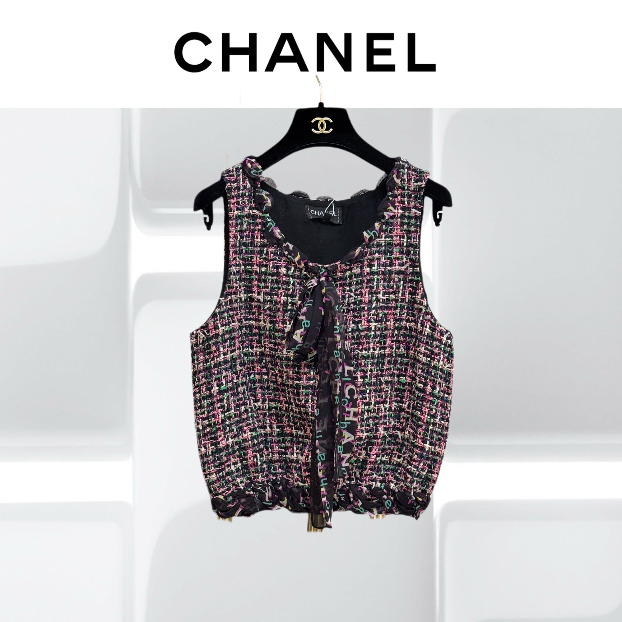 99新 Chanel/香奈儿 36码混色编织拼字母logo系带无袖背心