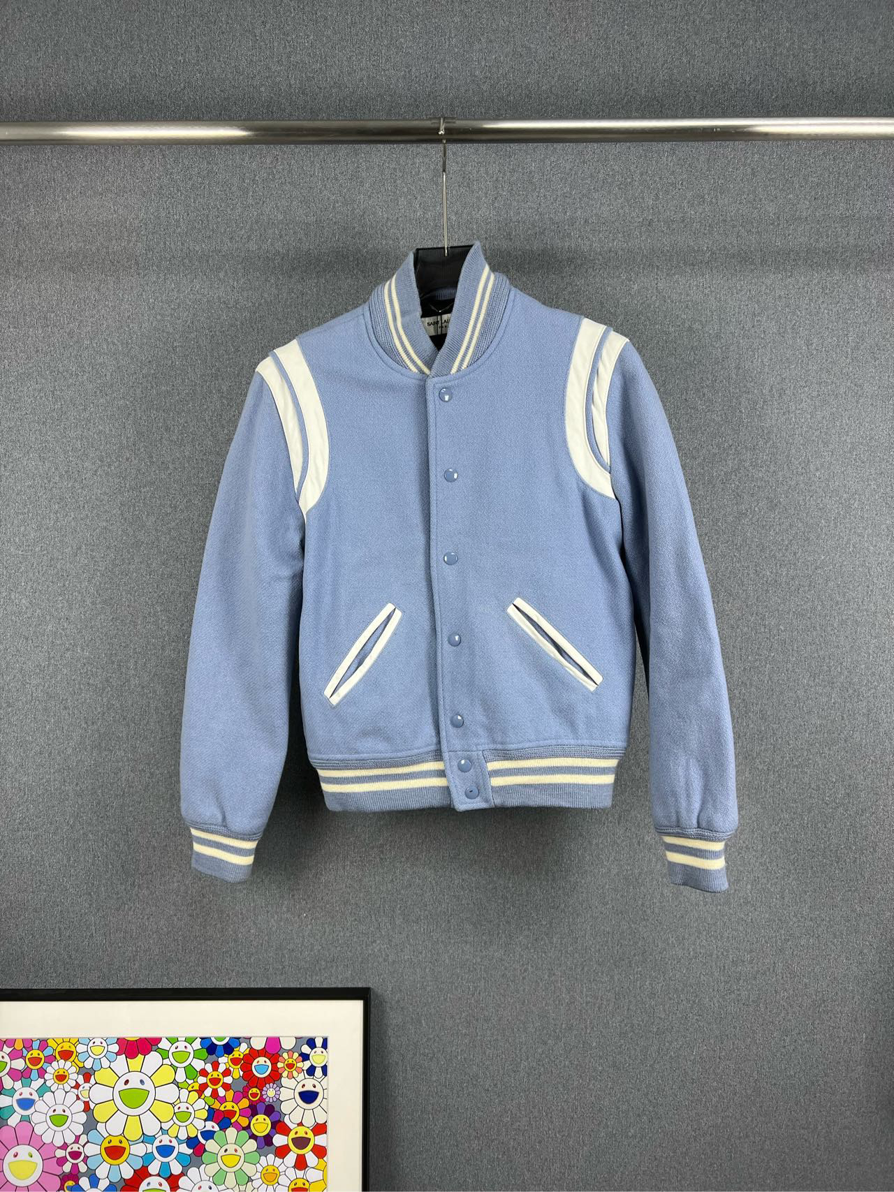 95新 YSL/圣罗兰 SLP雾霾蓝棒球服夹克外套 44码 A11940