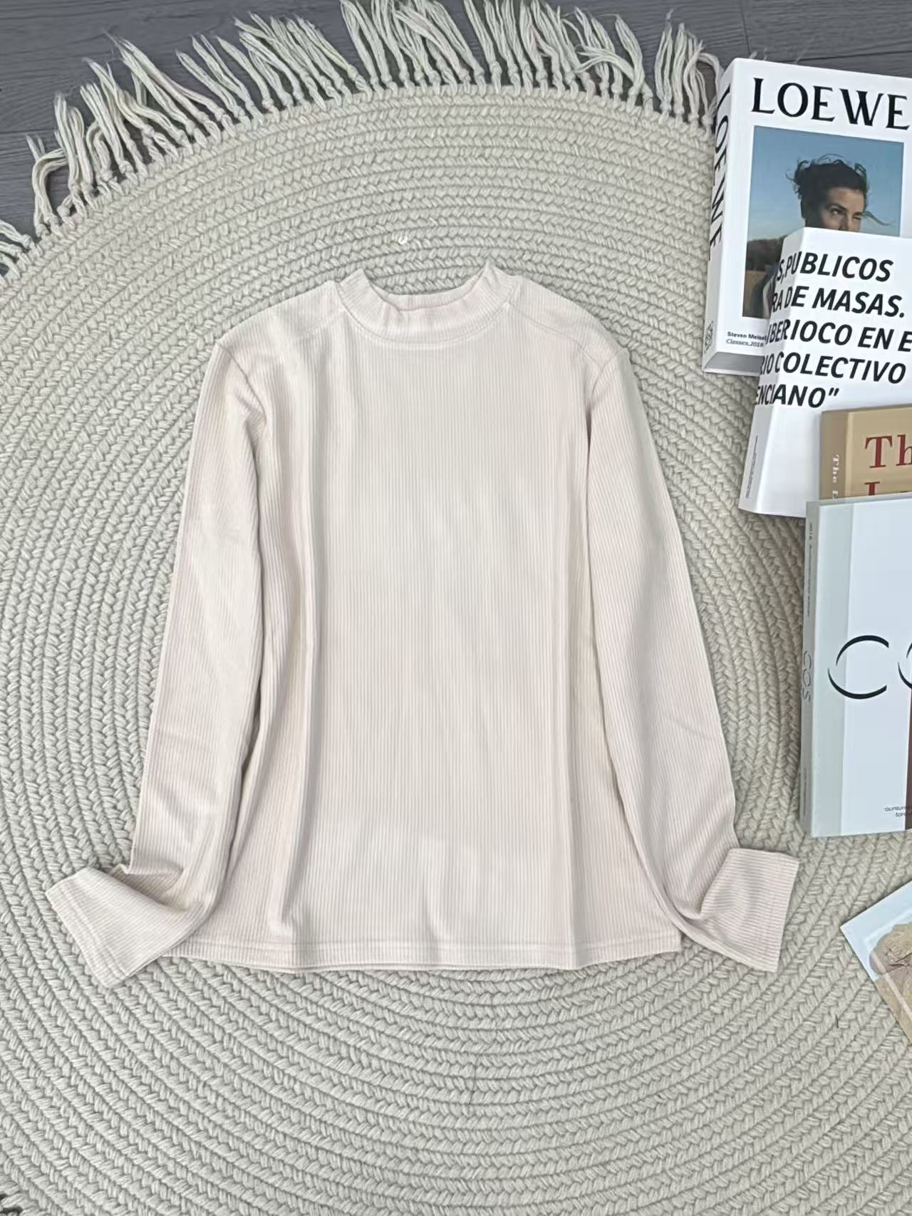 女士法式坑条拼接半高领T L5660#