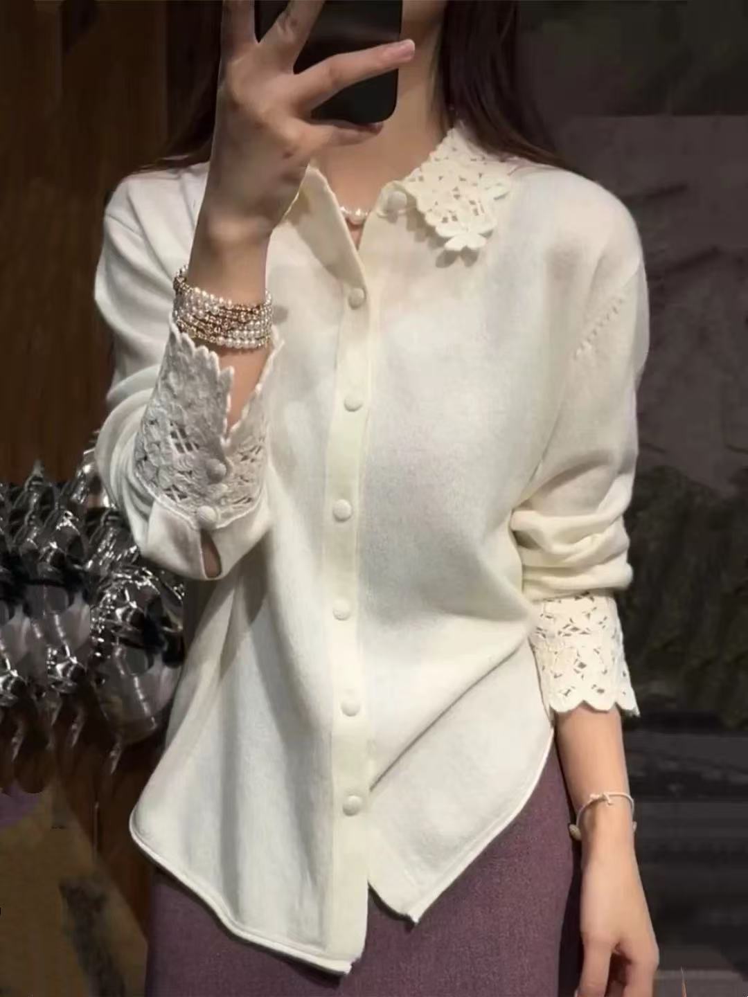 【济州岛】翻领镂空钩花针织羊毛衫百搭毛衣