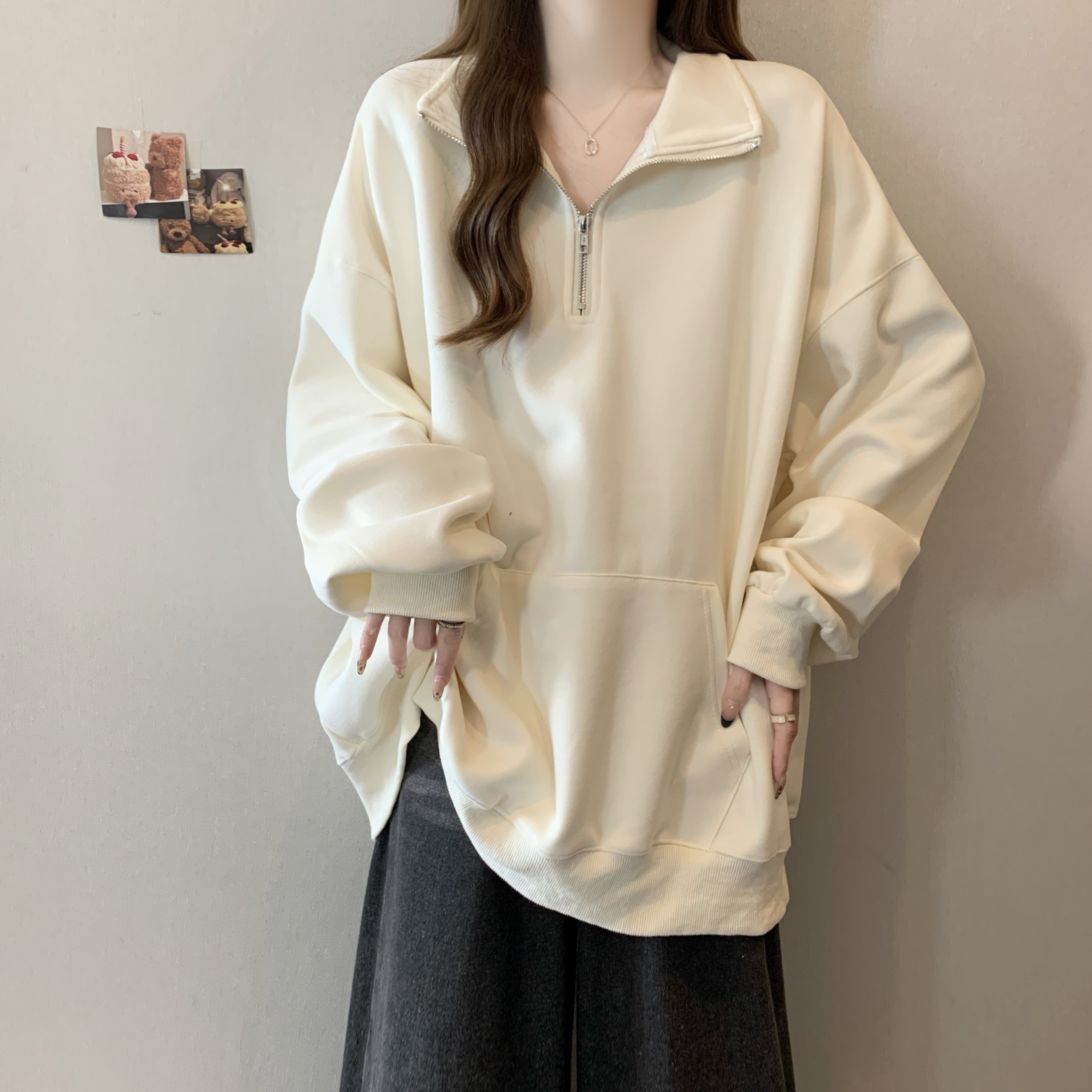 孕妇装春秋宽松大码立领拉链套头卫衣女春季设计感长袖百搭上衣女