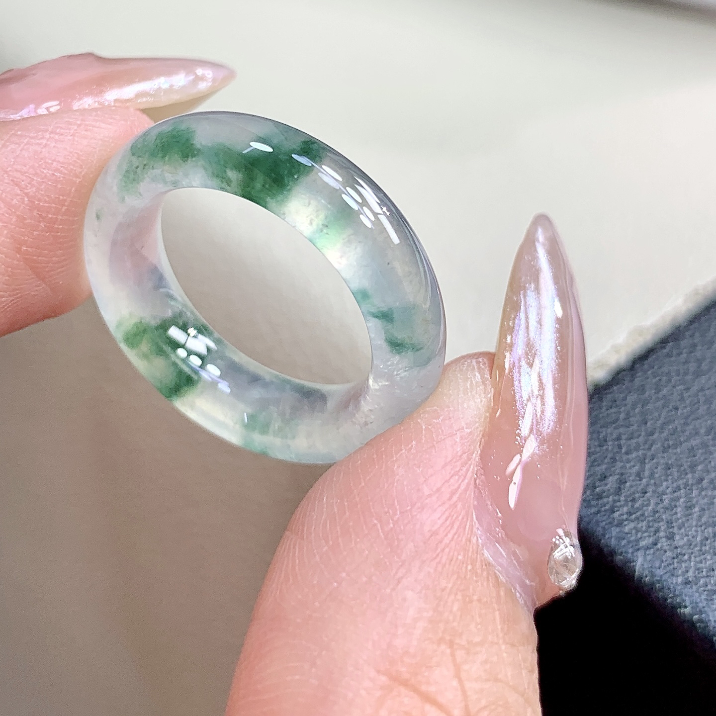 高冰起杠光飘绿花缅甸翡翠戒圈 12号缅甸A货翡翠16.2-5.4-4.1mm
