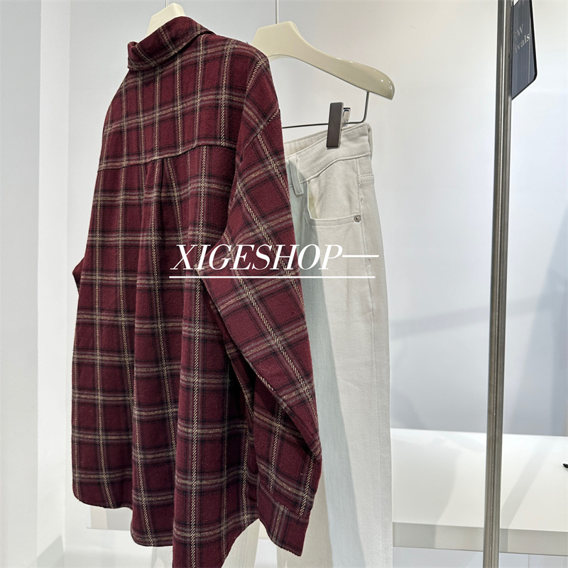现货安可拉红磨毛格子衬衫女秋冬季单穿叠穿宽松洋气休闲格纹衬衣