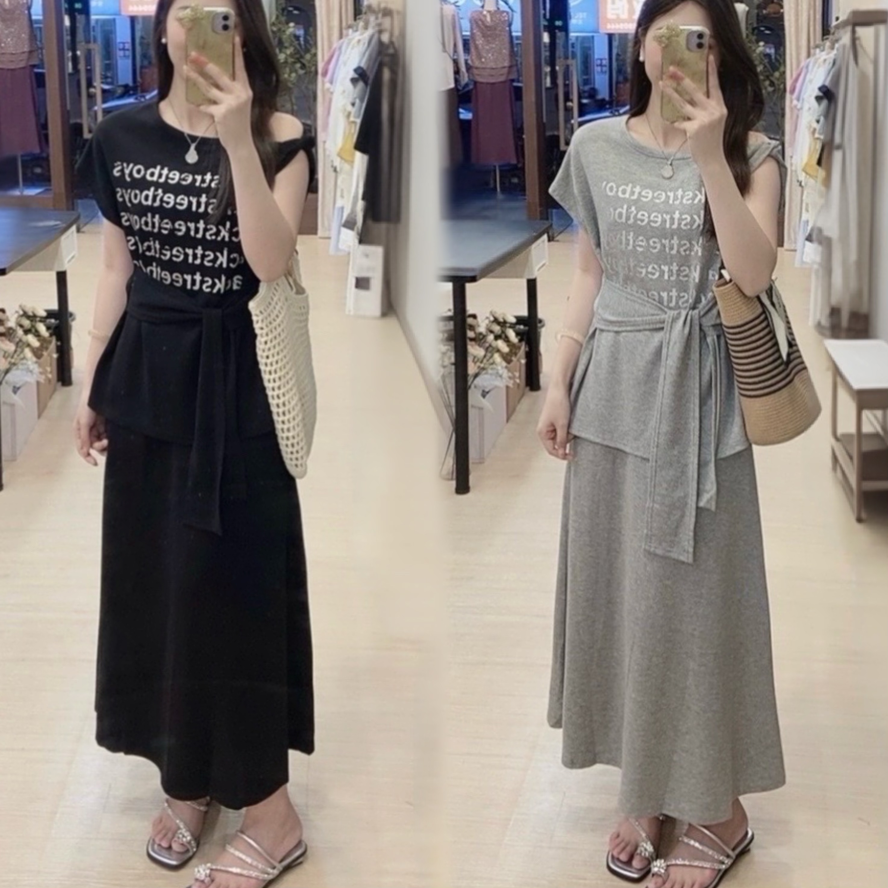 斜肩绑带字母T恤＋松紧腰半身裙