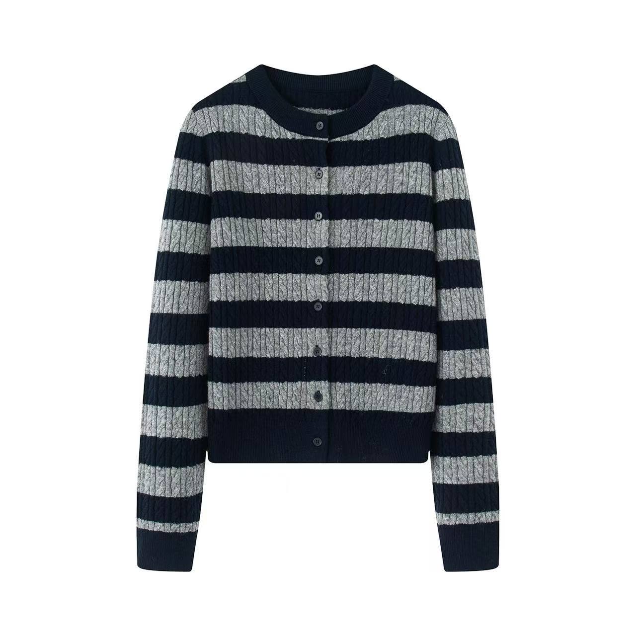 迪家2025冬季新款休闲百搭条纹针织开衫女7125