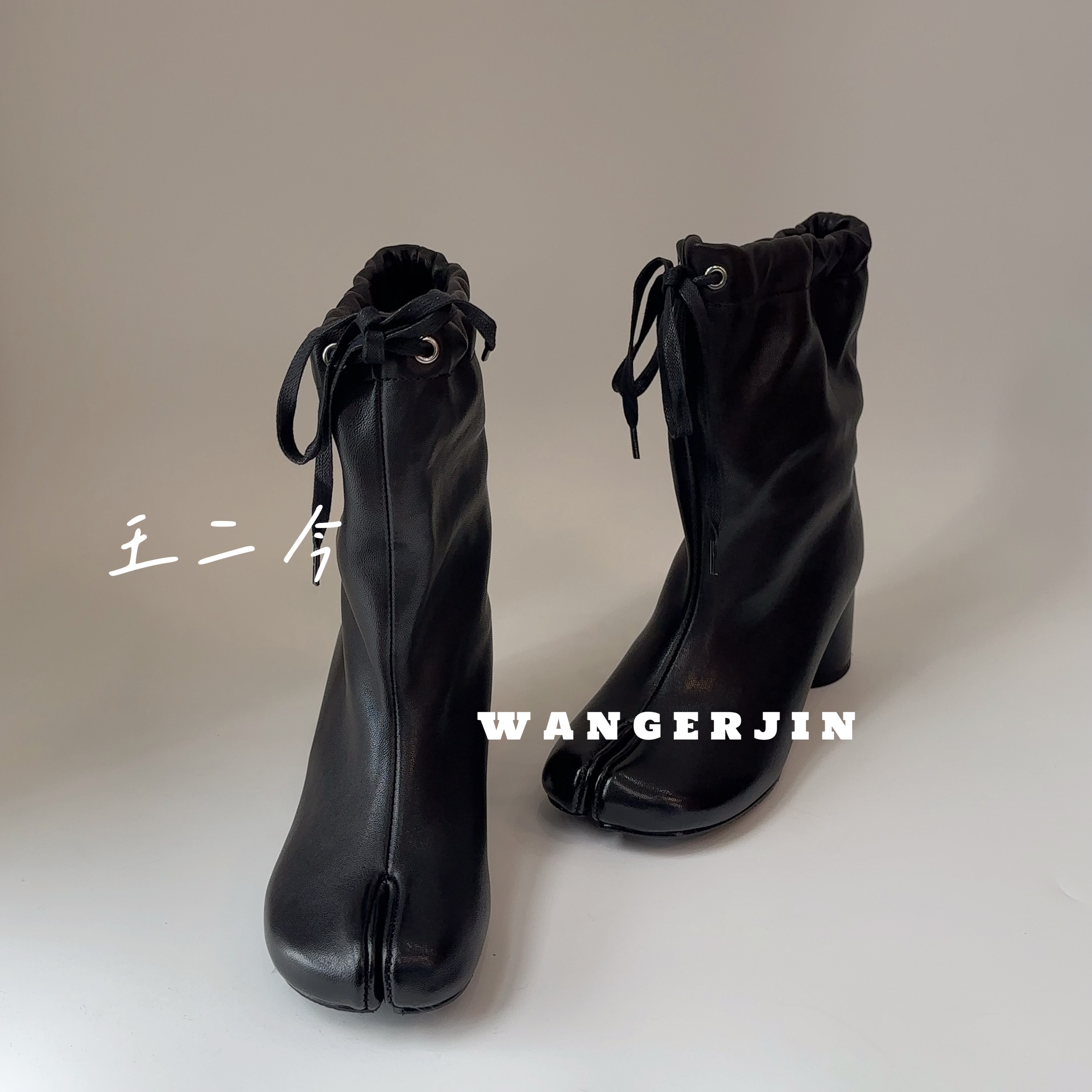 【王二今】羊皮/5CM/分趾猪蹄抽绳气球口袋靴切尔西时装马蹄短靴女