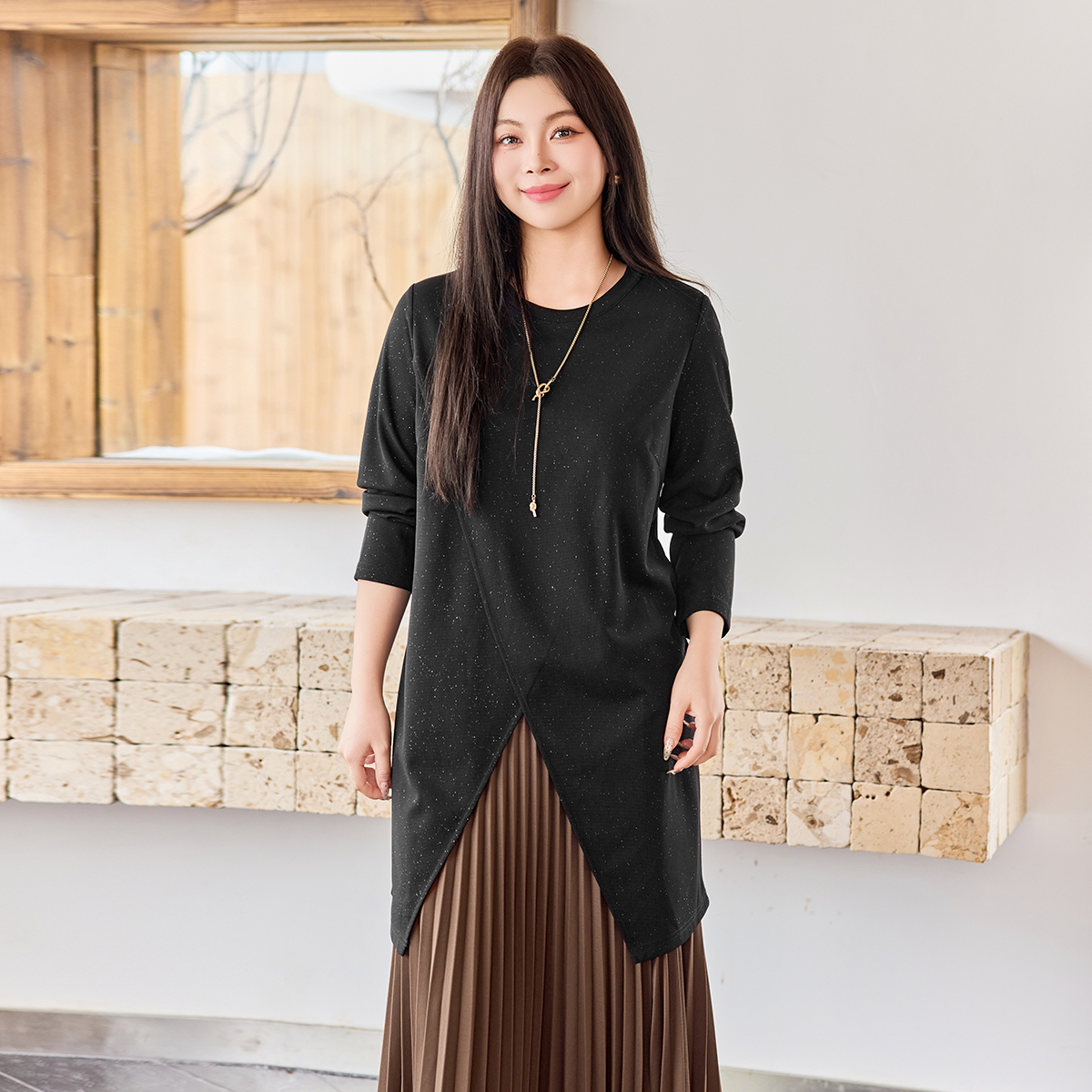 【闪粉针织】MsShe大码女装2025新款秋开叉宽松长款长袖T恤B2508057