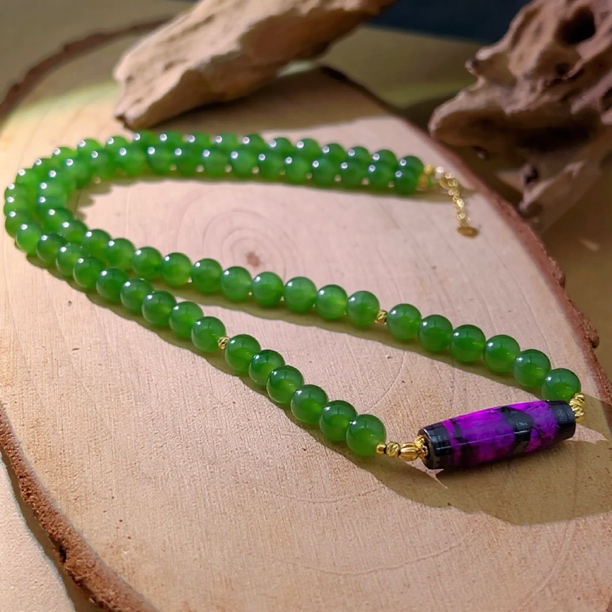 【圣芭黎】18k天然和田玉项链圆珠碧玉6红丝绒多样发一D1132