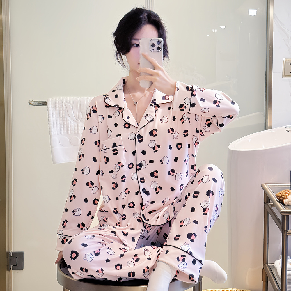 秋冬新款德绒甜美风睡衣豹纹kt猫粉色双长居家休闲套装