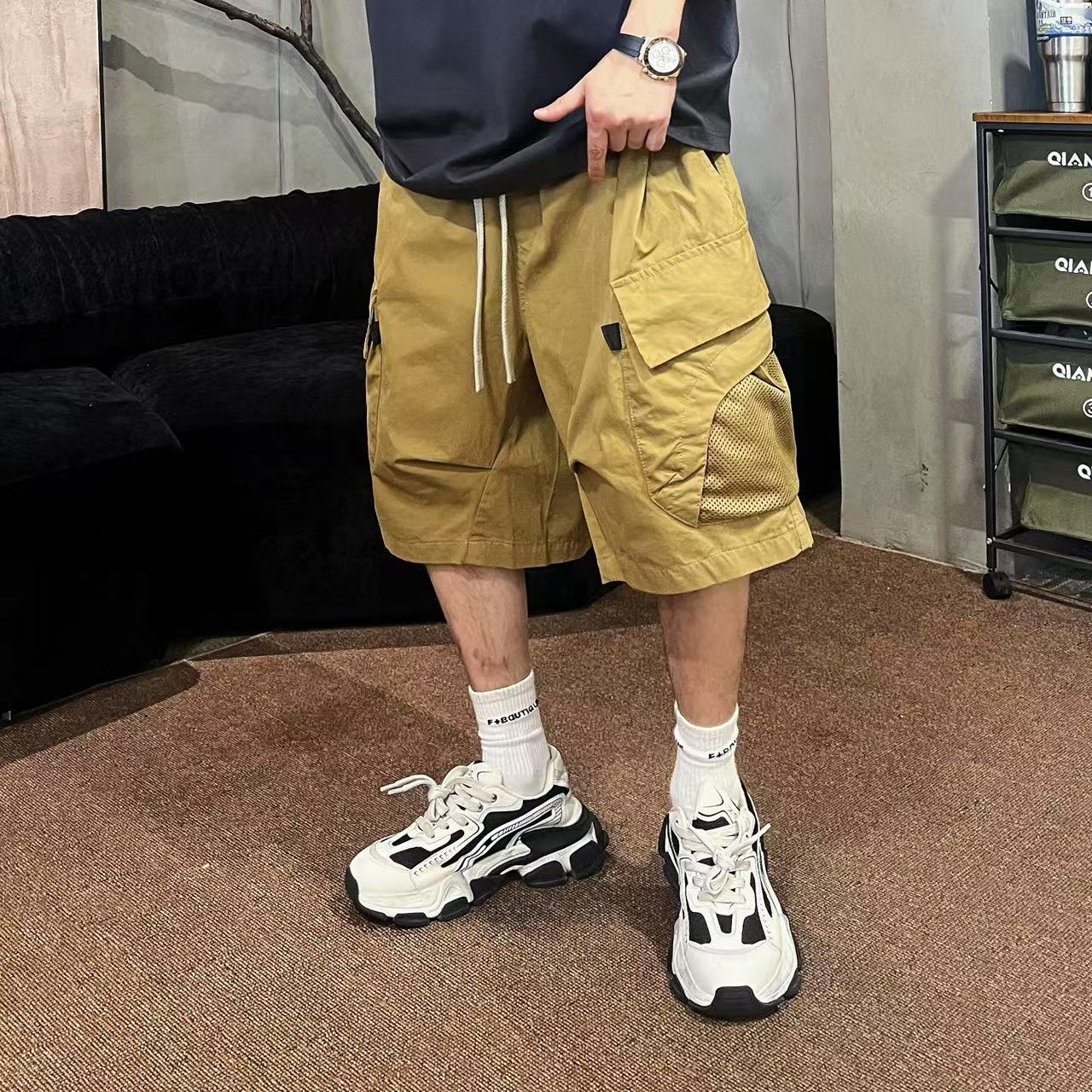 海云镜25ss夏季百搭休闲日系立体口袋拼网宽松工装短裤K548