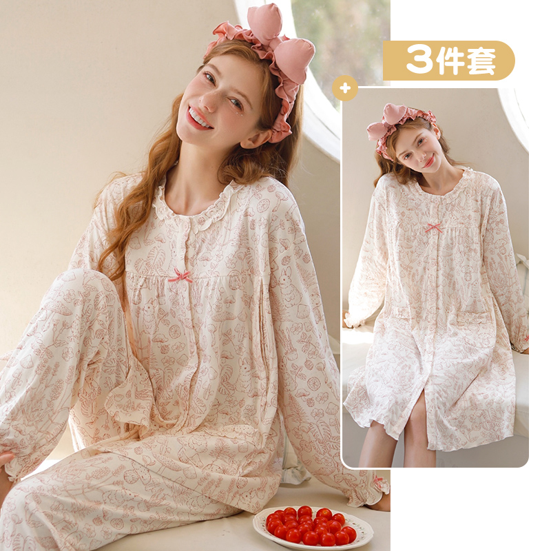 家时光月子服纯棉100%全棉孕妇睡衣秋冬10-12月待产服产妇裙7459