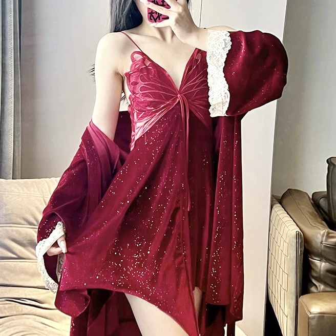 蝶梦【80-160斤】秋冬款+丝绒+满天星+胸垫 性感 红色 高级感睡裙