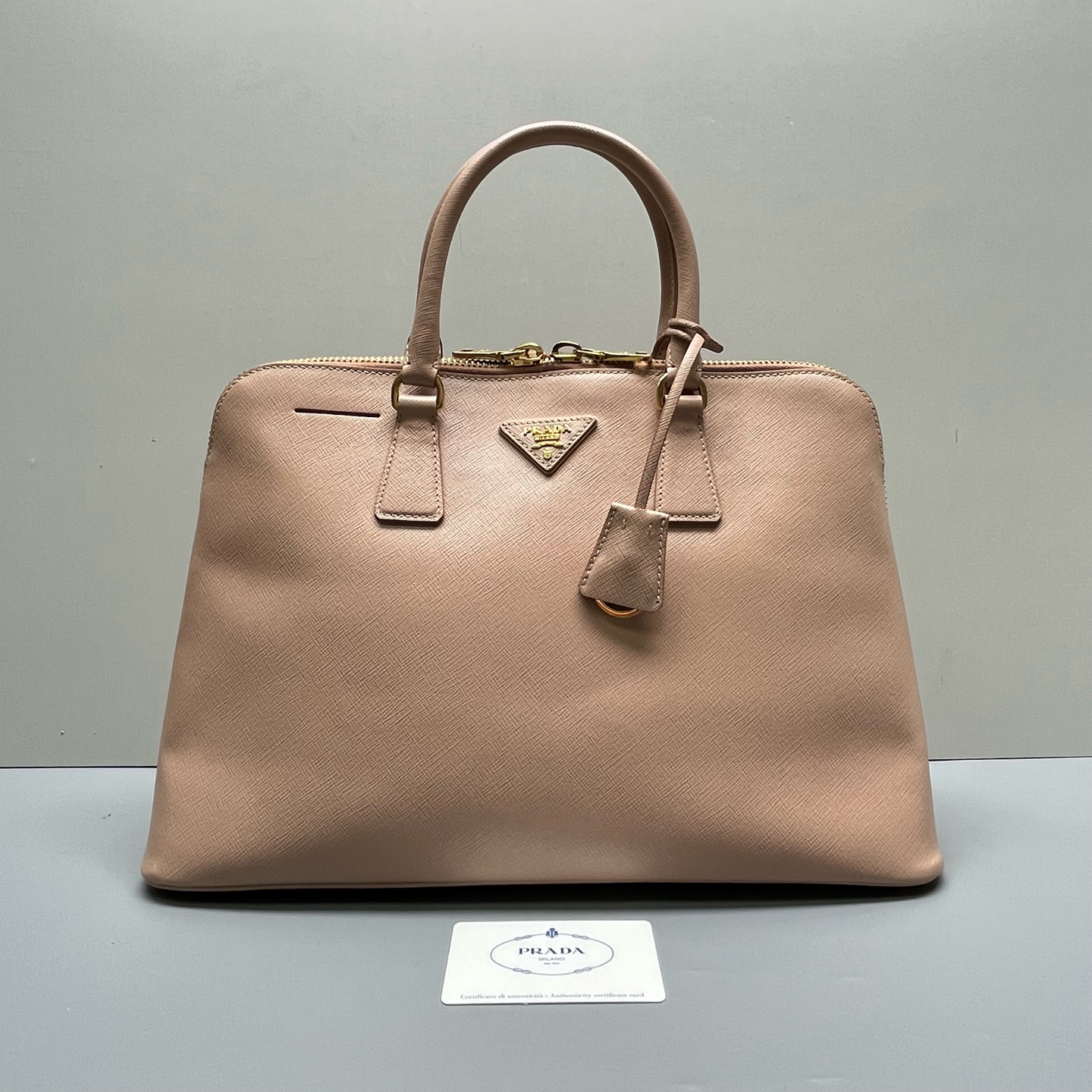 95新 Prada/普拉达 优选/粉色十字纹大号贝壳包白标25/38×24×14