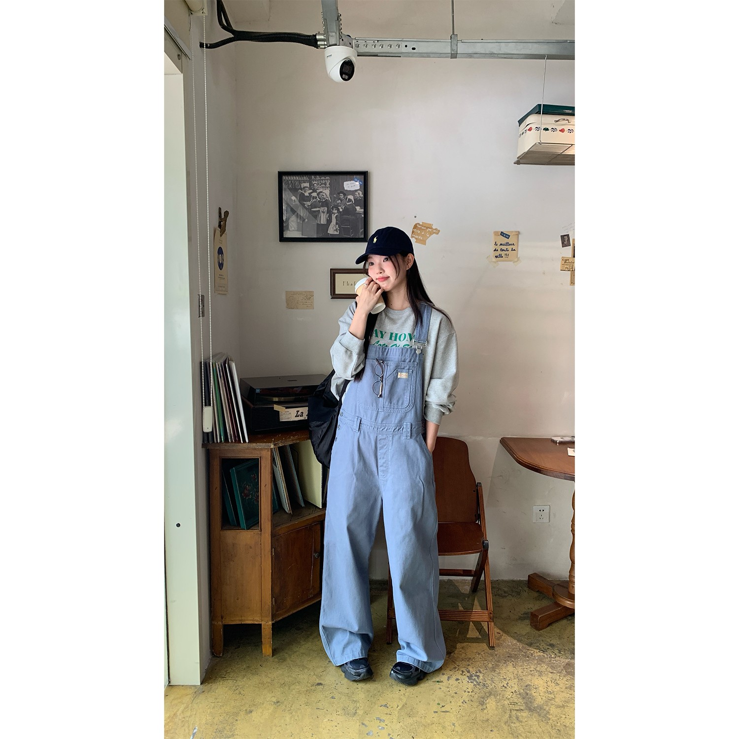 RAINY 韩国女高感宽松百搭减龄牛仔背带裤春秋女显瘦藏肉休闲裤