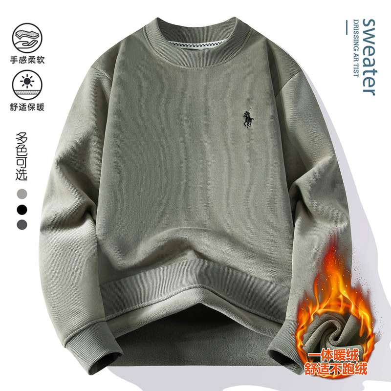 加绒刺绣卫衣男秋冬季宽松圆领加厚保暖男士长袖潮流百搭打底衫