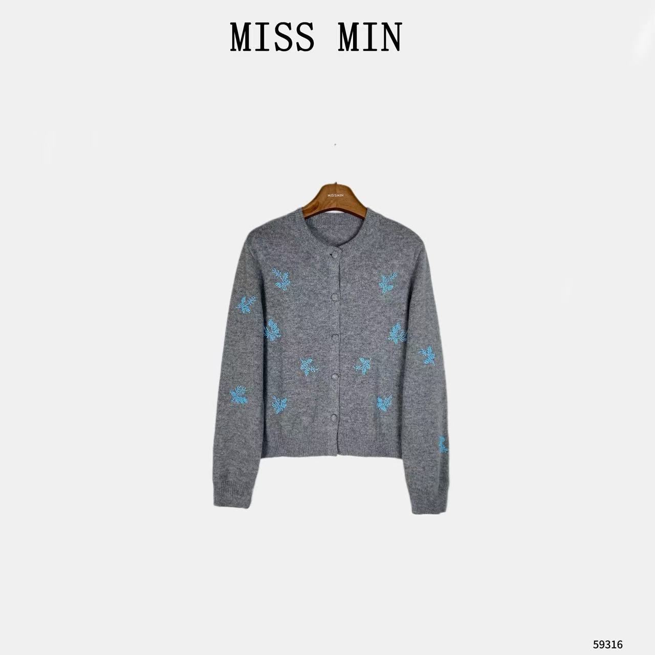 MISS MIN【雾感灰蓝】钉珠雪花针织设计小众女装通勤显瘦上衣 59316