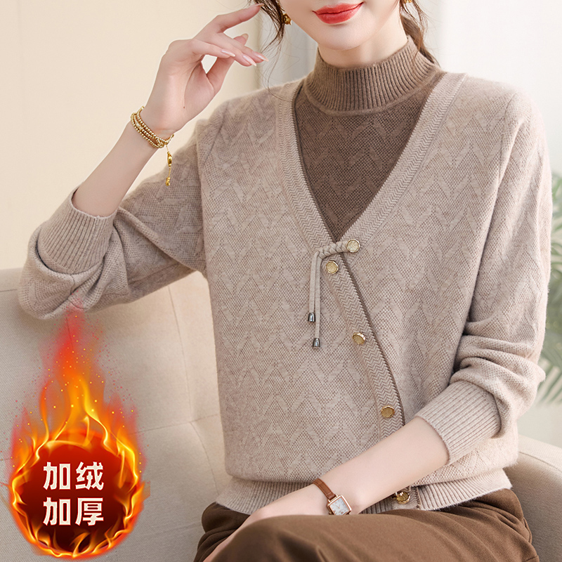 【加绒】妈妈春秋冬假两件针织打底衫半高领加厚中老年女保暖衣服
