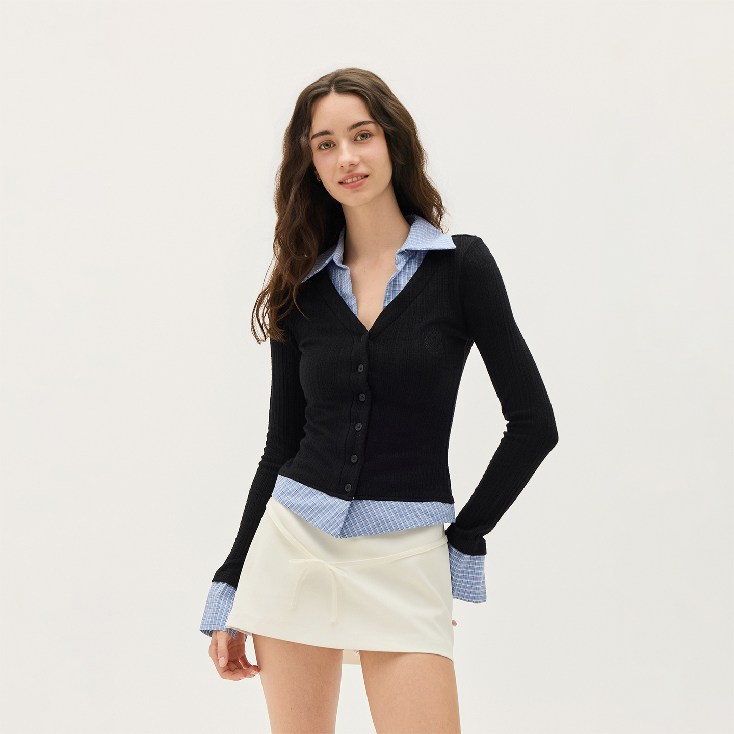 BLACK OF EXIT美式学院风假两件格子POLO针织衫显瘦弹力外套早秋