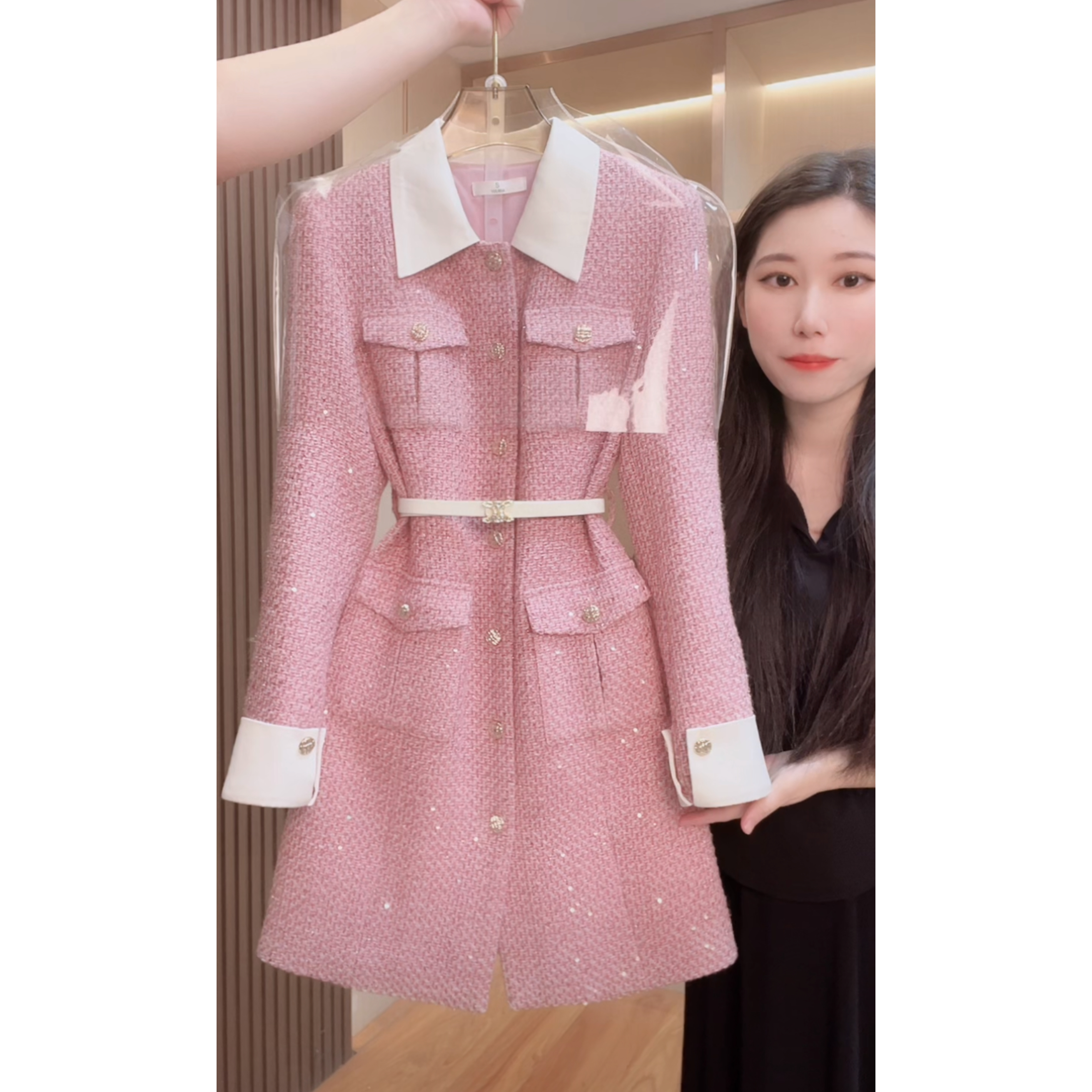 【门店飞】2412囯内设计师品牌女装气质收腰长袖连衣裙3
