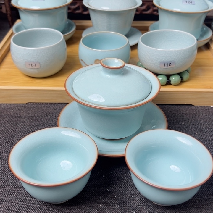 杯雪**狼天青色马蹄盖碗➕2压手杯微瑕