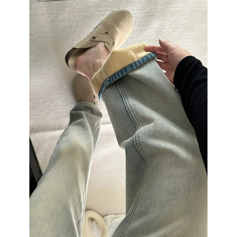 浅色阔腿牛仔裤女2025秋冬加绒加厚时尚垂感直筒宽松百搭拖地裤子