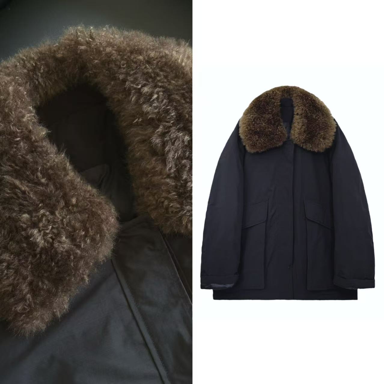 900【真羊羔毛领-鹅绒服】欧货洋气工装款派克鹅绒服极简保暖