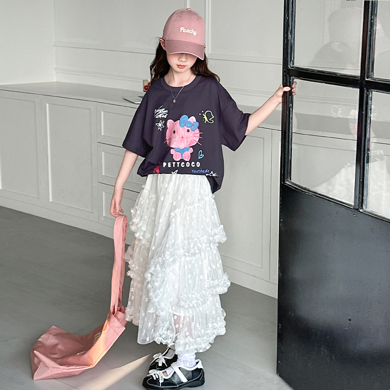 女童夏季T恤儿童短袖牛仔洋气时髦卡通ol设计感儿童短袖牛仔洋气