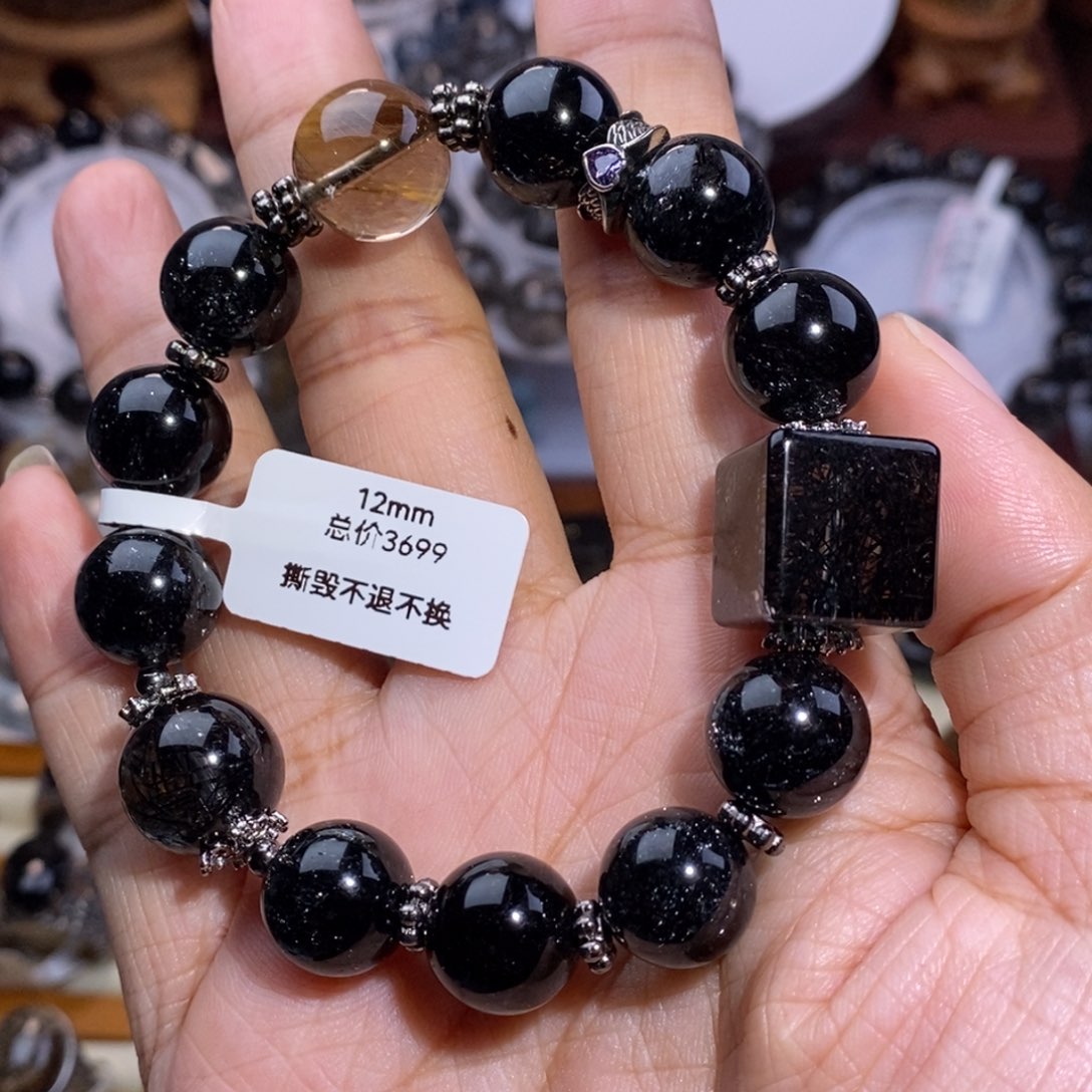 幽***子未镶嵌手链水晶设计款黑发晶全透体毕业级蕾丝12mm