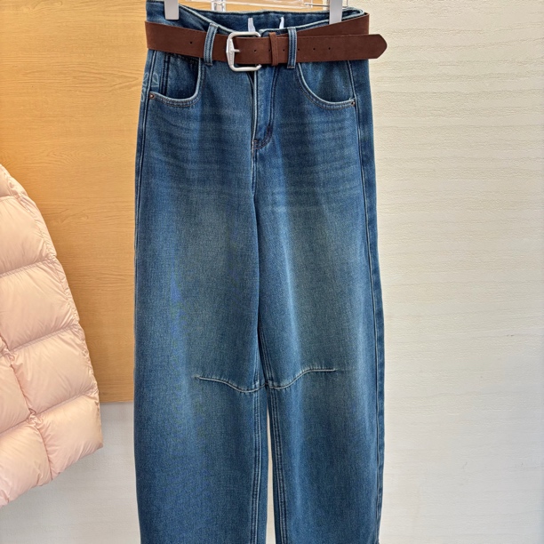 复古高腰弯刀阔腿牛仔裤587